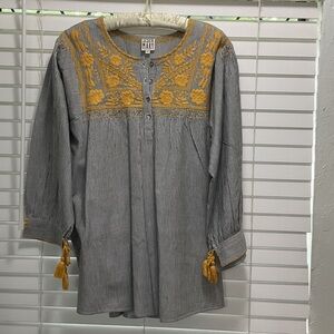 SISTER  MARY Embroidered Striped Cotton Blouse in Gray and Mustard; Size XL